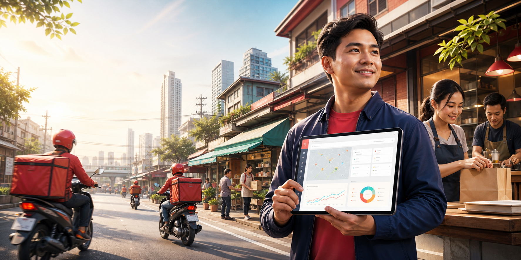 Operator coordinating delivery riders and merchants through the Pakinaman platform